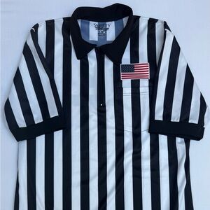 Smitty Referee Shirt Black White Striped Collared Flag Patch Size L